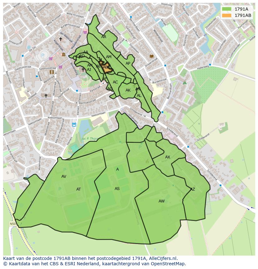 Afbeelding van het postcodegebied 1791 AB op de kaart.