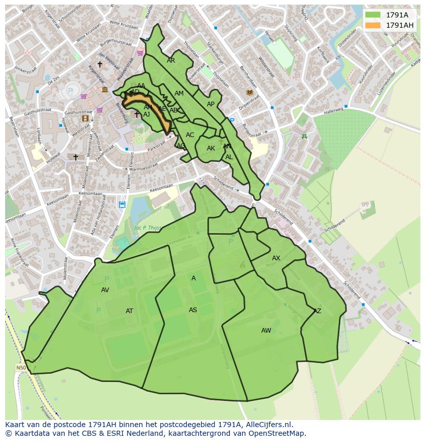 Afbeelding van het postcodegebied 1791 AH op de kaart.