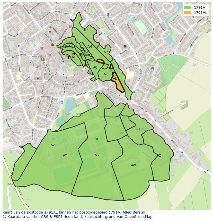 Afbeelding van het postcodegebied 1791 AL op de kaart.