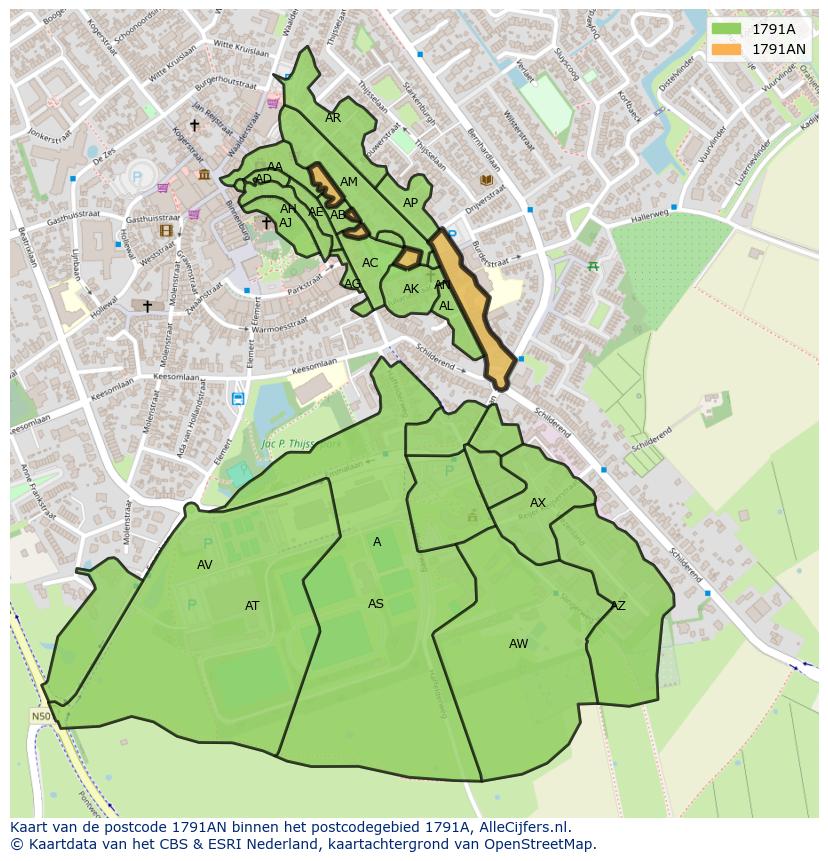 Afbeelding van het postcodegebied 1791 AN op de kaart.