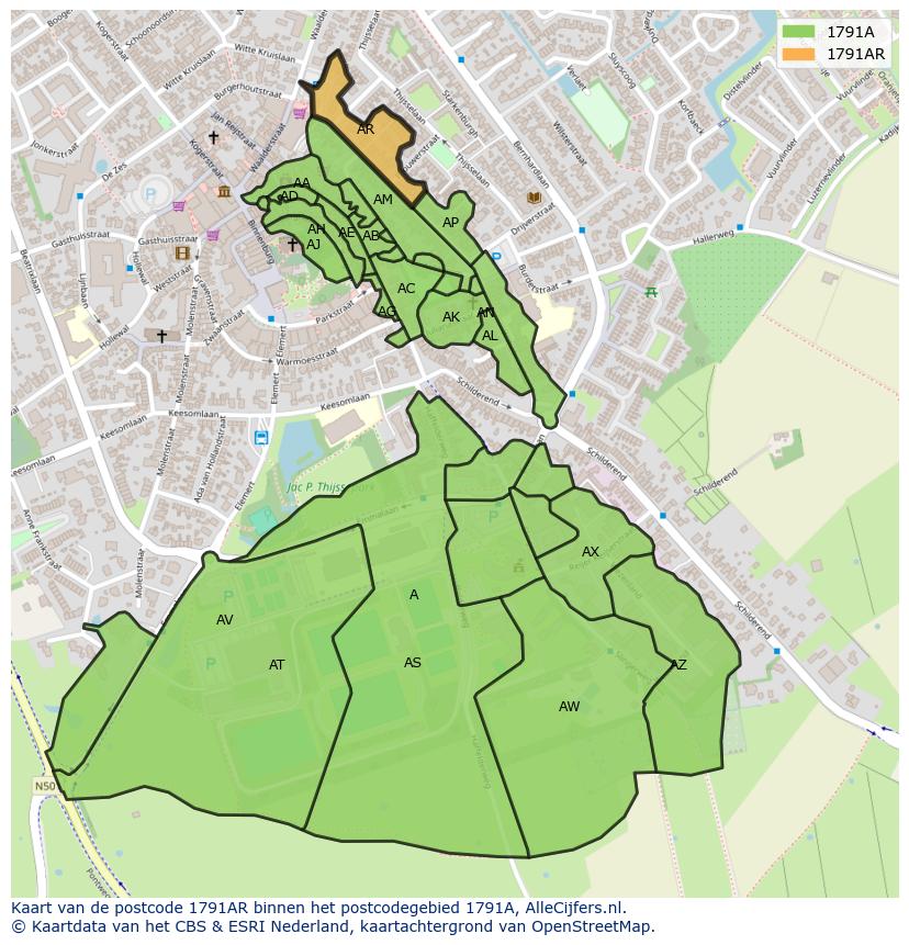 Afbeelding van het postcodegebied 1791 AR op de kaart.