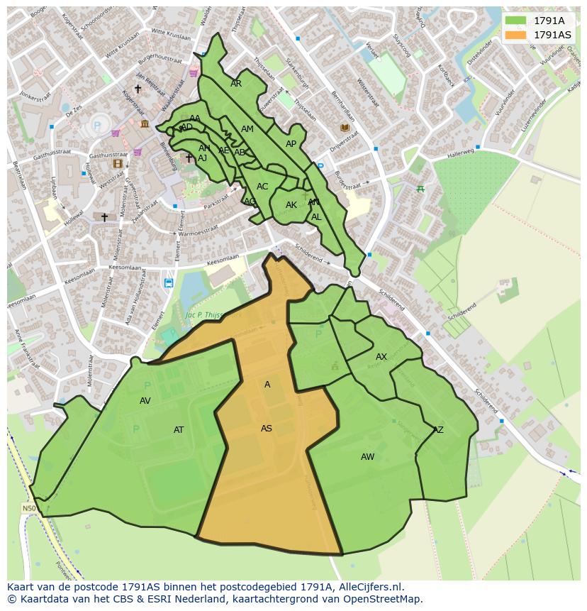Afbeelding van het postcodegebied 1791 AS op de kaart.
