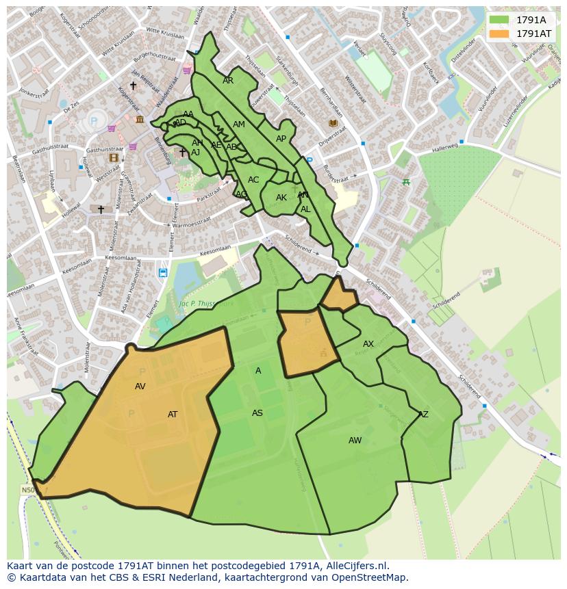 Afbeelding van het postcodegebied 1791 AT op de kaart.