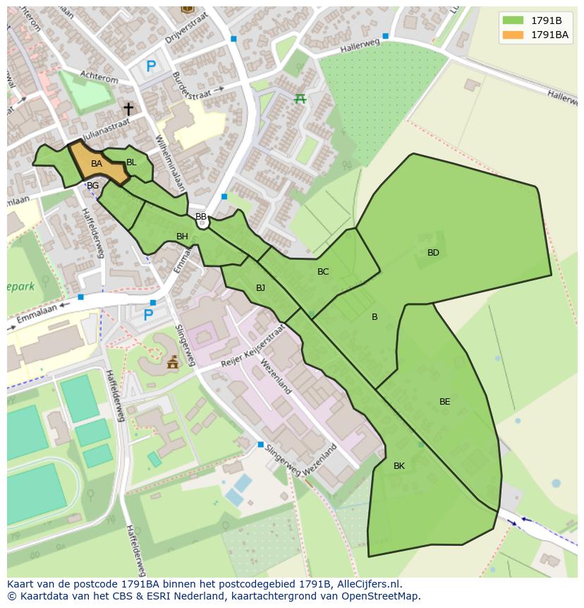 Afbeelding van het postcodegebied 1791 BA op de kaart.