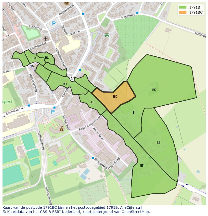 Afbeelding van het postcodegebied 1791 BC op de kaart.