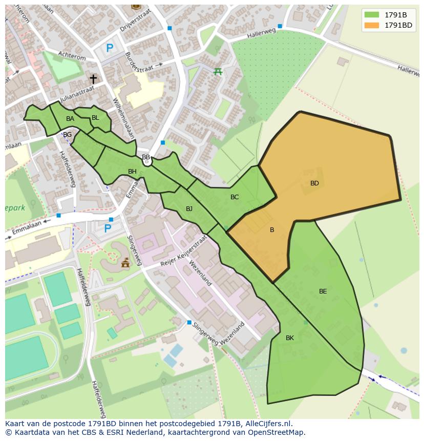 Afbeelding van het postcodegebied 1791 BD op de kaart.