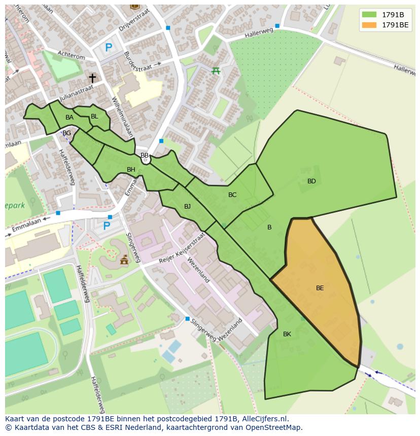Afbeelding van het postcodegebied 1791 BE op de kaart.