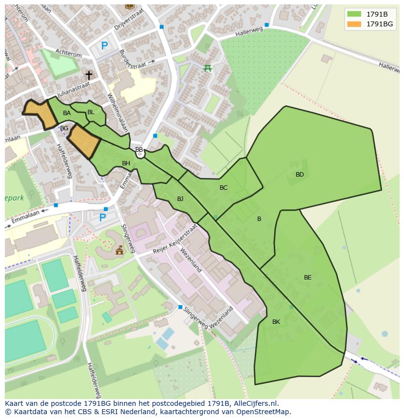 Afbeelding van het postcodegebied 1791 BG op de kaart.