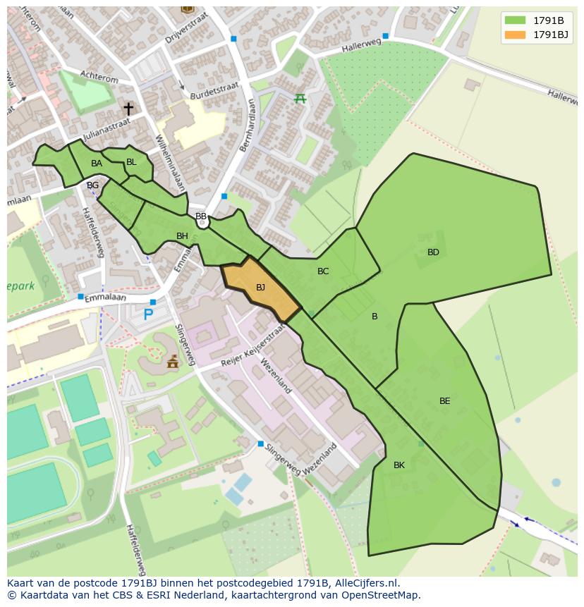 Afbeelding van het postcodegebied 1791 BJ op de kaart.