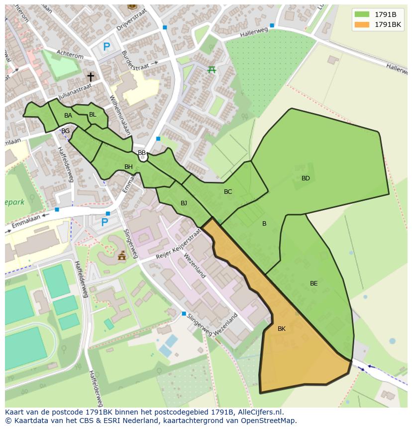 Afbeelding van het postcodegebied 1791 BK op de kaart.