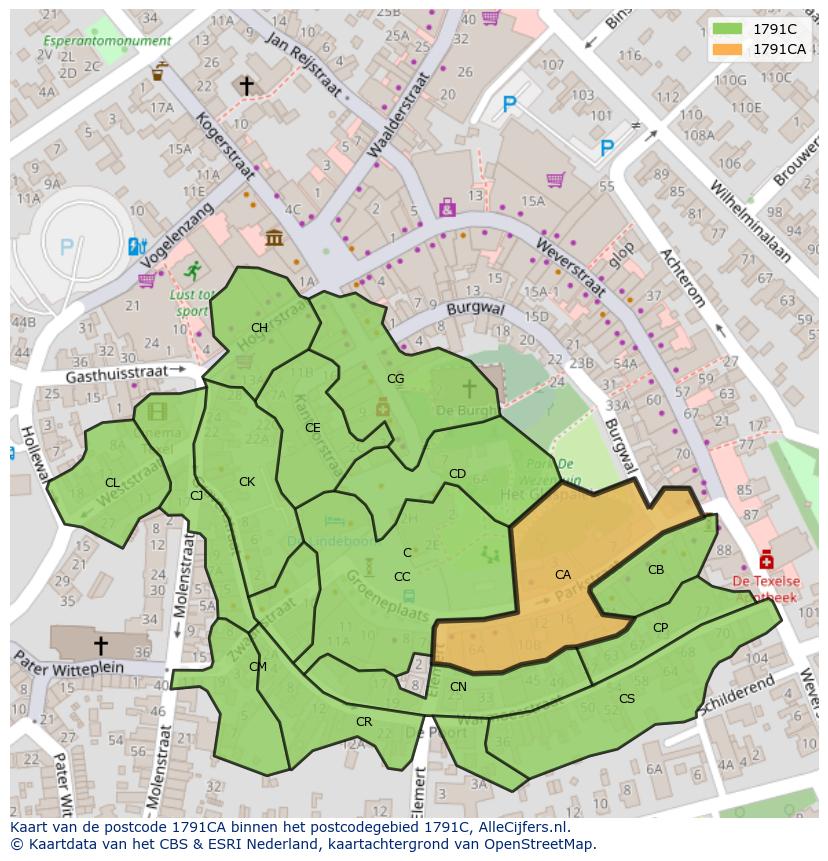Afbeelding van het postcodegebied 1791 CA op de kaart.