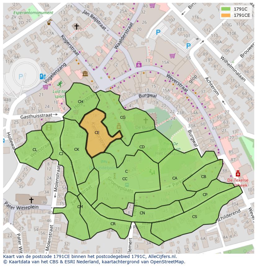 Afbeelding van het postcodegebied 1791 CE op de kaart.
