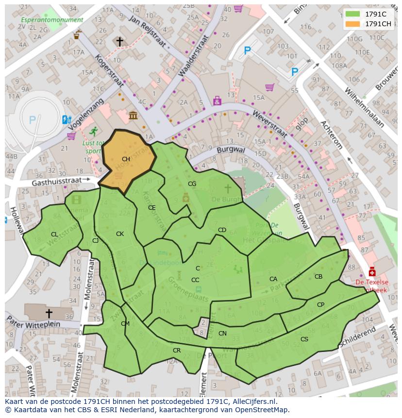 Afbeelding van het postcodegebied 1791 CH op de kaart.