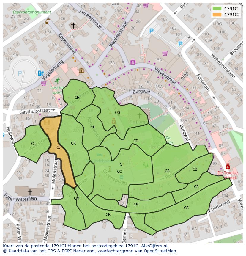 Afbeelding van het postcodegebied 1791 CJ op de kaart.