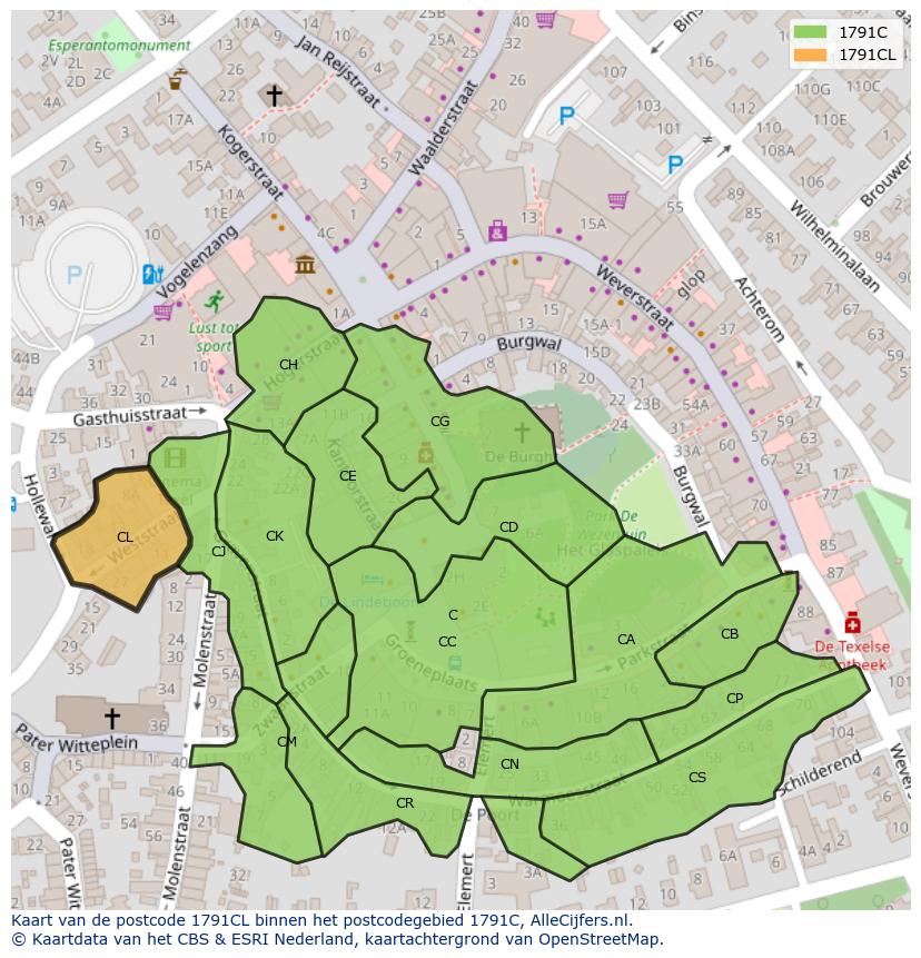 Afbeelding van het postcodegebied 1791 CL op de kaart.