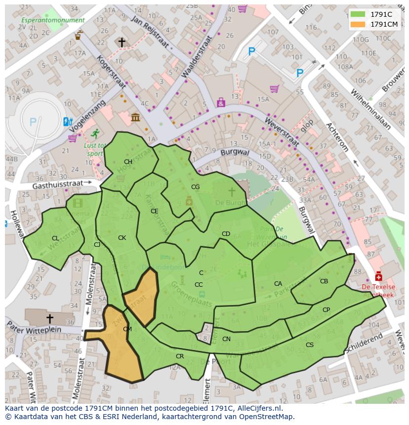 Afbeelding van het postcodegebied 1791 CM op de kaart.