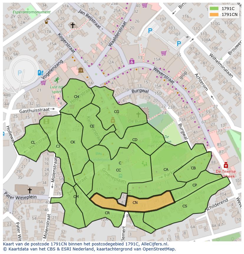 Afbeelding van het postcodegebied 1791 CN op de kaart.