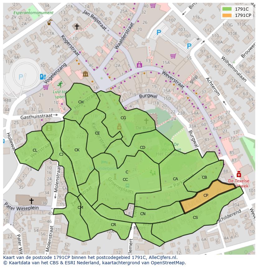 Afbeelding van het postcodegebied 1791 CP op de kaart.