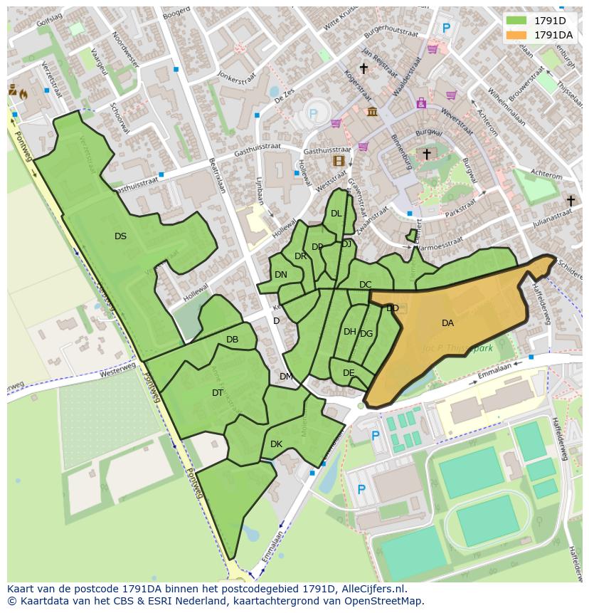 Afbeelding van het postcodegebied 1791 DA op de kaart.