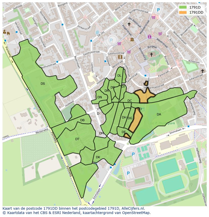 Afbeelding van het postcodegebied 1791 DD op de kaart.