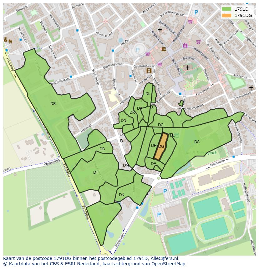 Afbeelding van het postcodegebied 1791 DG op de kaart.