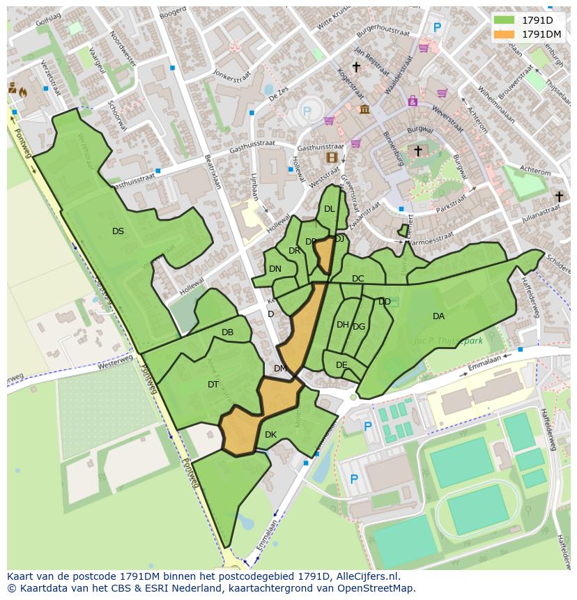 Afbeelding van het postcodegebied 1791 DM op de kaart.