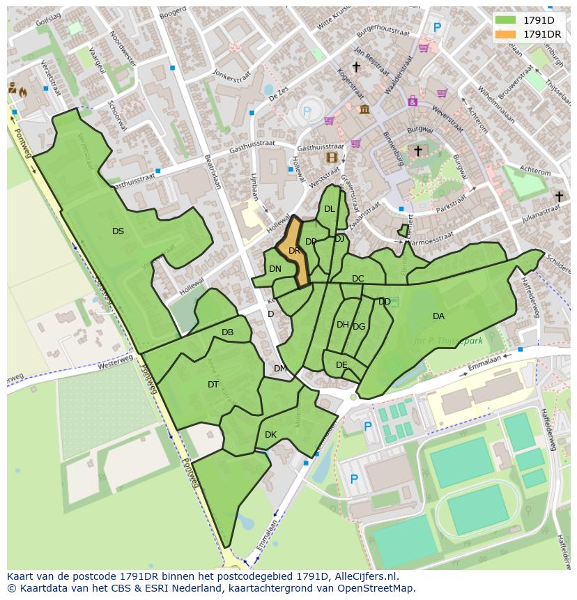Afbeelding van het postcodegebied 1791 DR op de kaart.