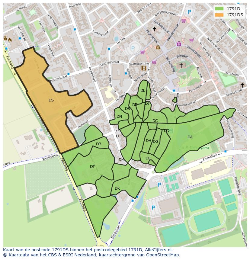 Afbeelding van het postcodegebied 1791 DS op de kaart.