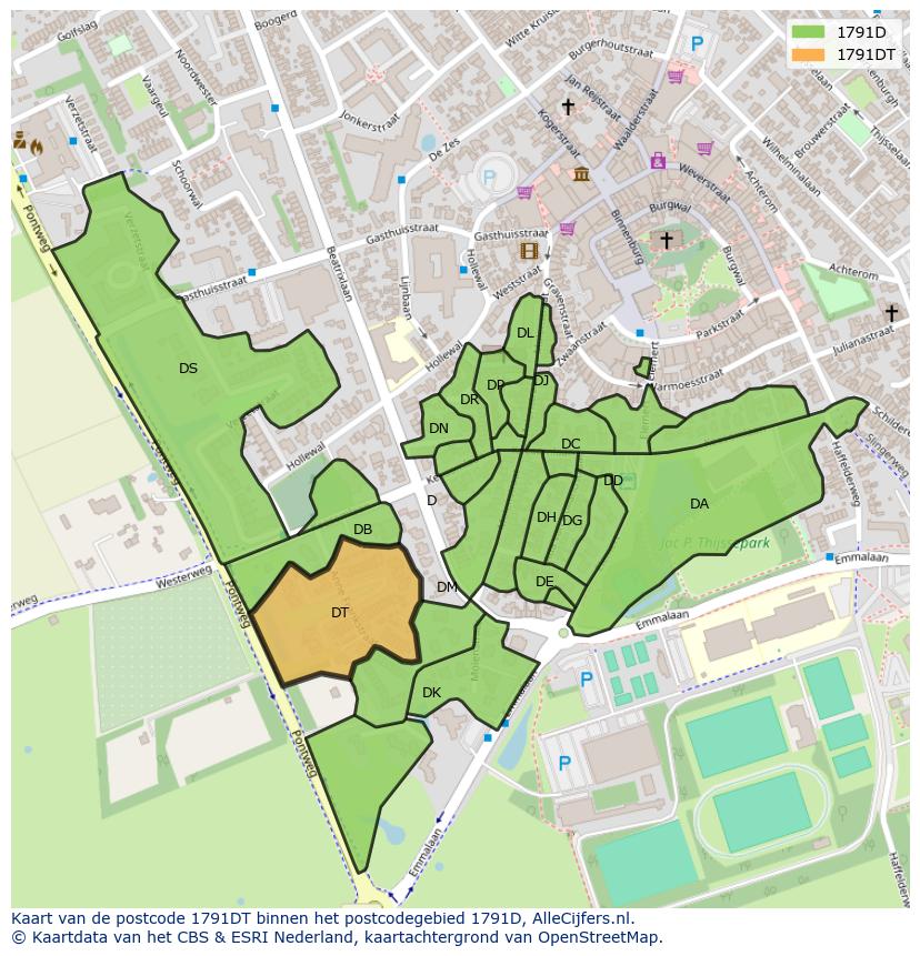 Afbeelding van het postcodegebied 1791 DT op de kaart.