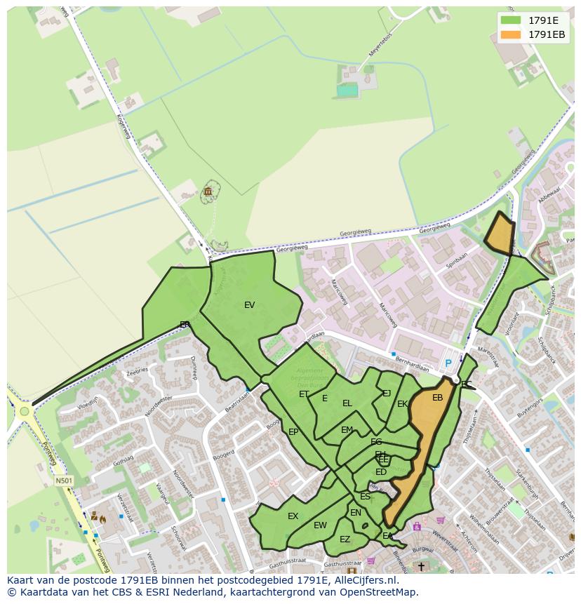 Afbeelding van het postcodegebied 1791 EB op de kaart.