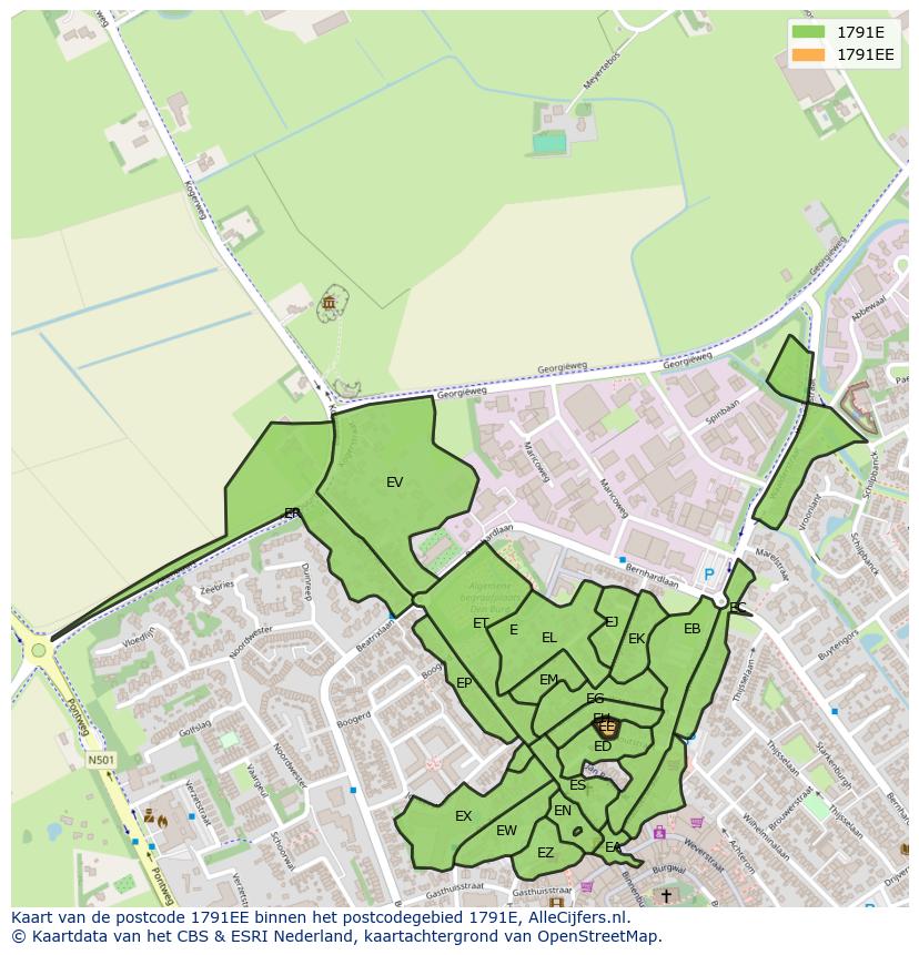 Afbeelding van het postcodegebied 1791 EE op de kaart.