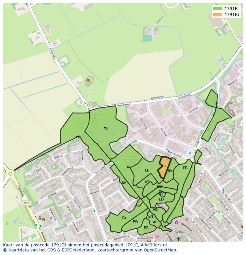 Afbeelding van het postcodegebied 1791 EJ op de kaart.