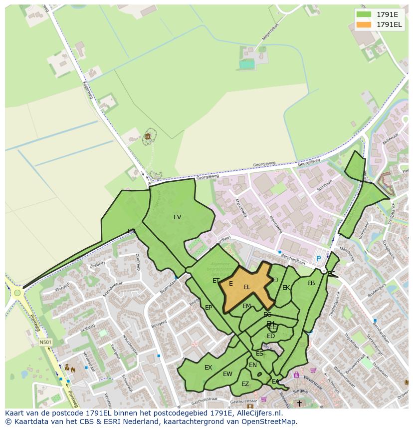 Afbeelding van het postcodegebied 1791 EL op de kaart.