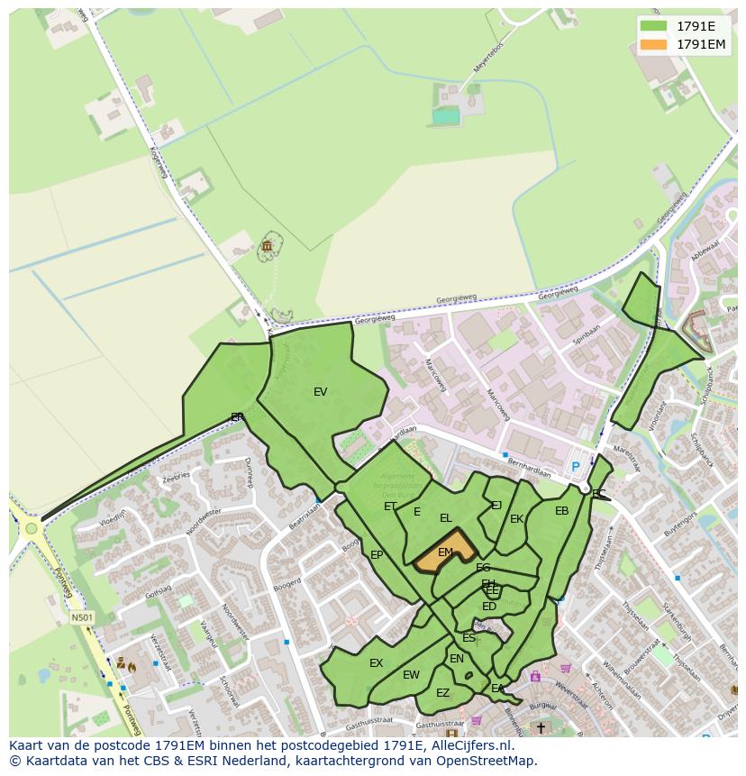 Afbeelding van het postcodegebied 1791 EM op de kaart.
