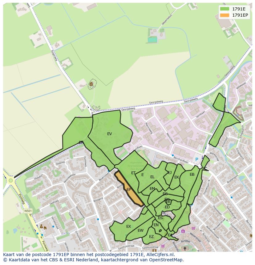 Afbeelding van het postcodegebied 1791 EP op de kaart.