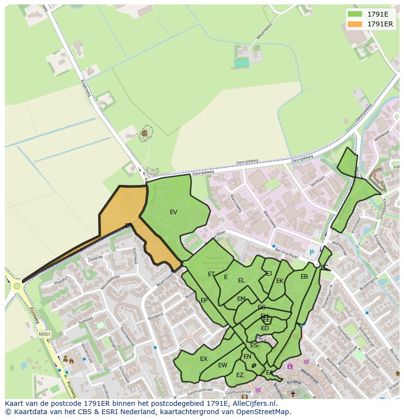 Afbeelding van het postcodegebied 1791 ER op de kaart.