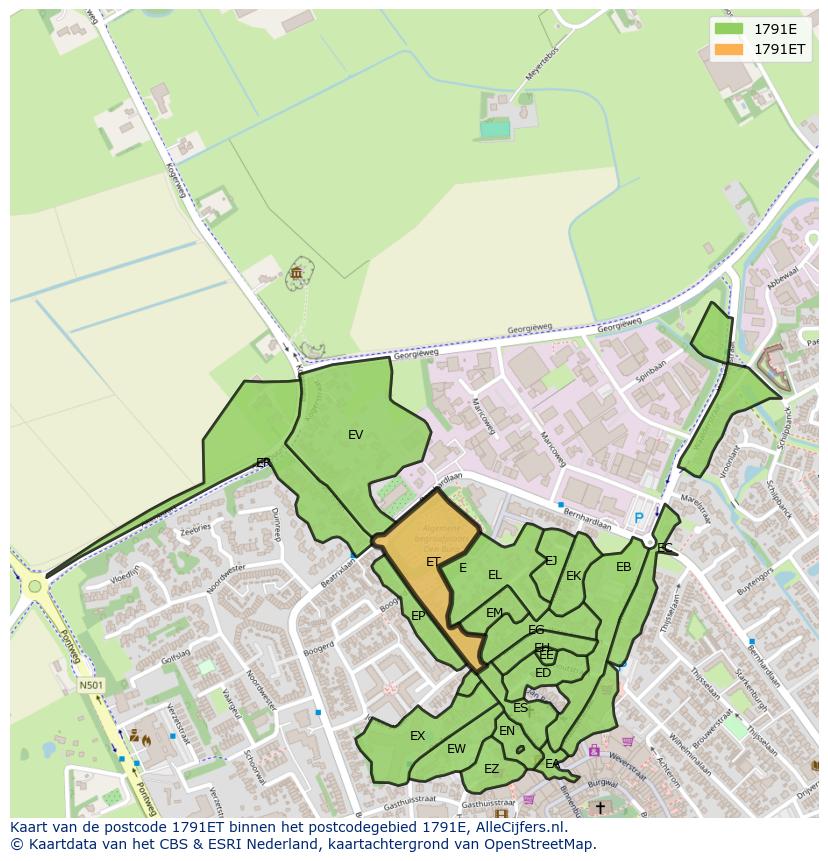 Afbeelding van het postcodegebied 1791 ET op de kaart.