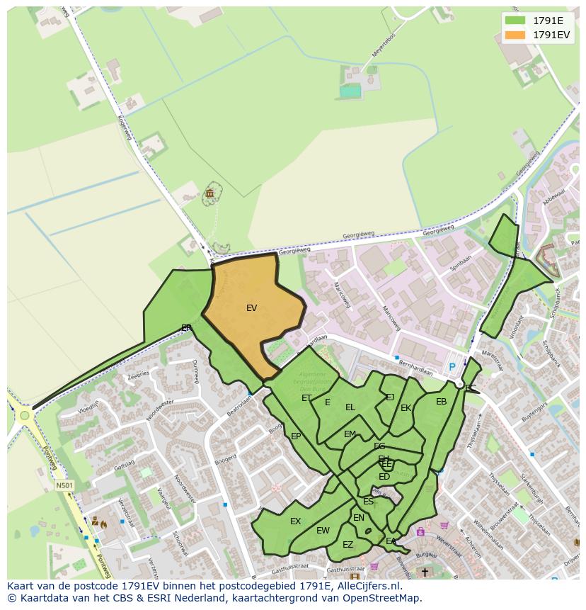 Afbeelding van het postcodegebied 1791 EV op de kaart.