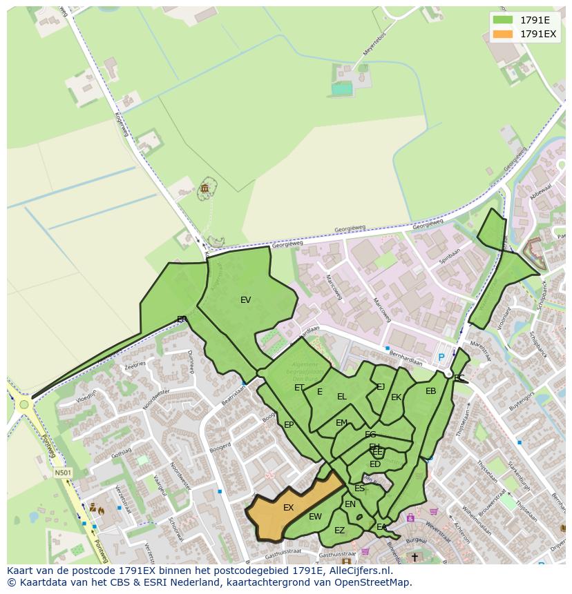 Afbeelding van het postcodegebied 1791 EX op de kaart.