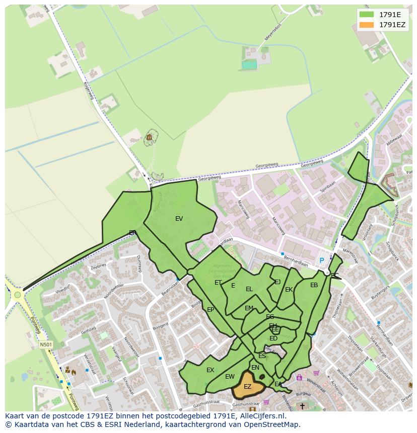 Afbeelding van het postcodegebied 1791 EZ op de kaart.