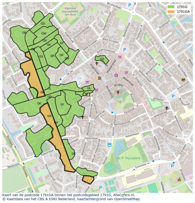 Afbeelding van het postcodegebied 1791 GA op de kaart.