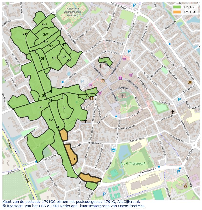 Afbeelding van het postcodegebied 1791 GC op de kaart.