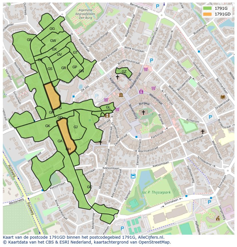Afbeelding van het postcodegebied 1791 GD op de kaart.