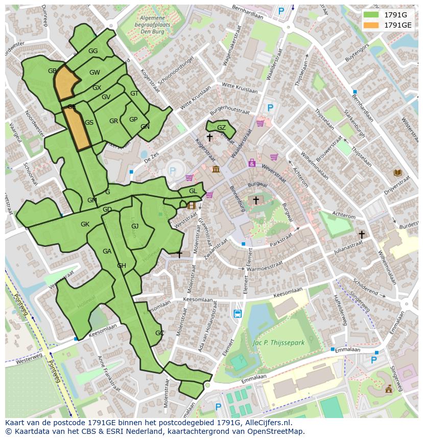 Afbeelding van het postcodegebied 1791 GE op de kaart.