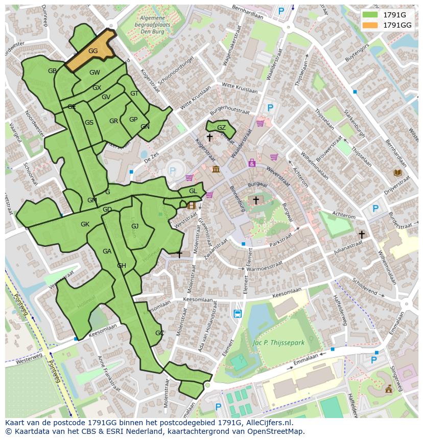 Afbeelding van het postcodegebied 1791 GG op de kaart.