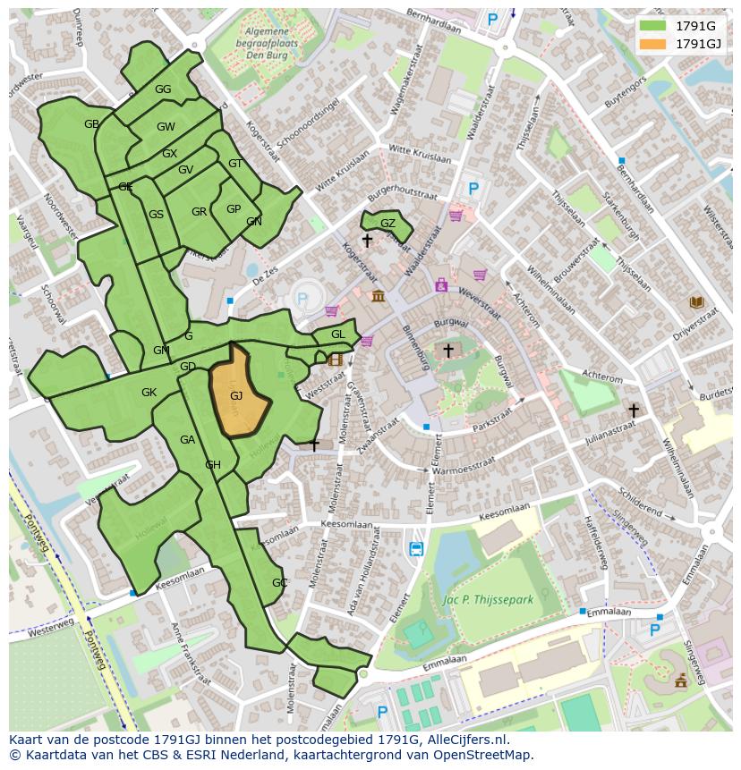 Afbeelding van het postcodegebied 1791 GJ op de kaart.