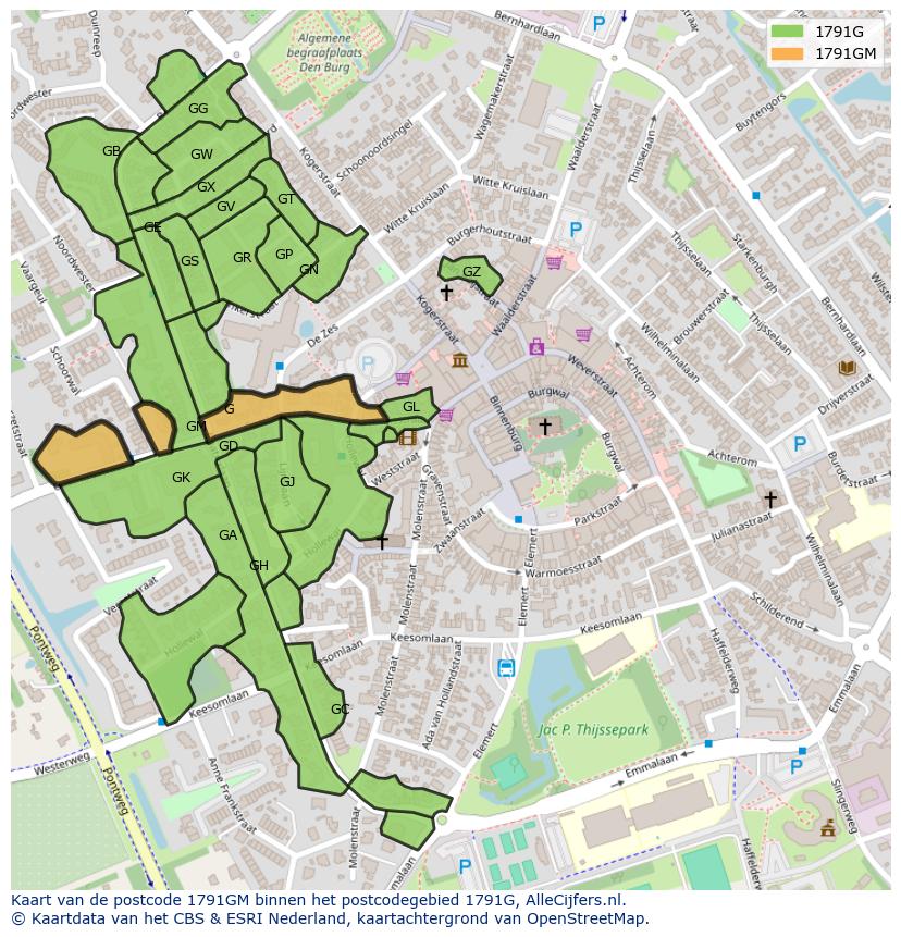 Afbeelding van het postcodegebied 1791 GM op de kaart.