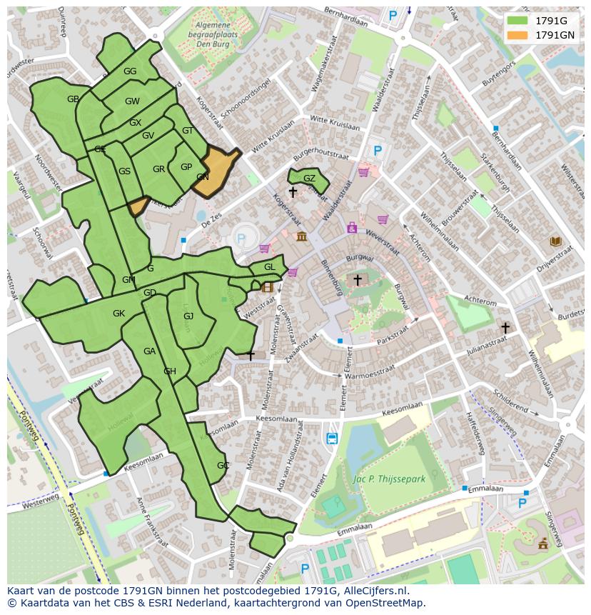 Afbeelding van het postcodegebied 1791 GN op de kaart.