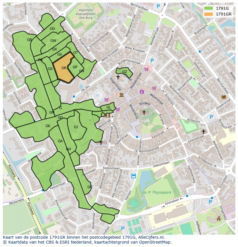 Afbeelding van het postcodegebied 1791 GR op de kaart.