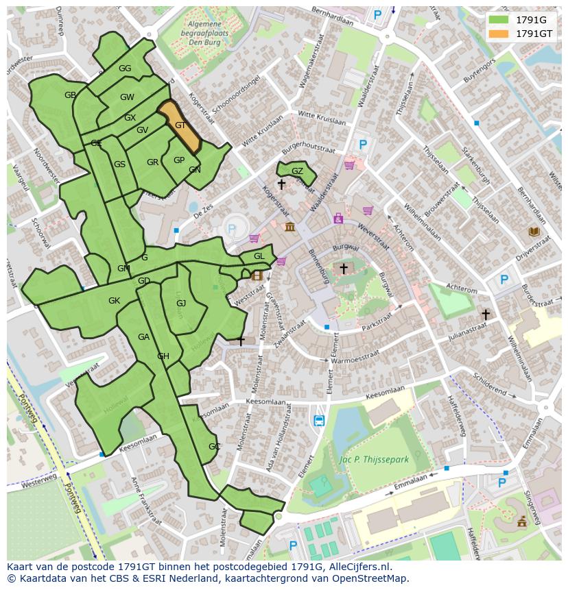 Afbeelding van het postcodegebied 1791 GT op de kaart.